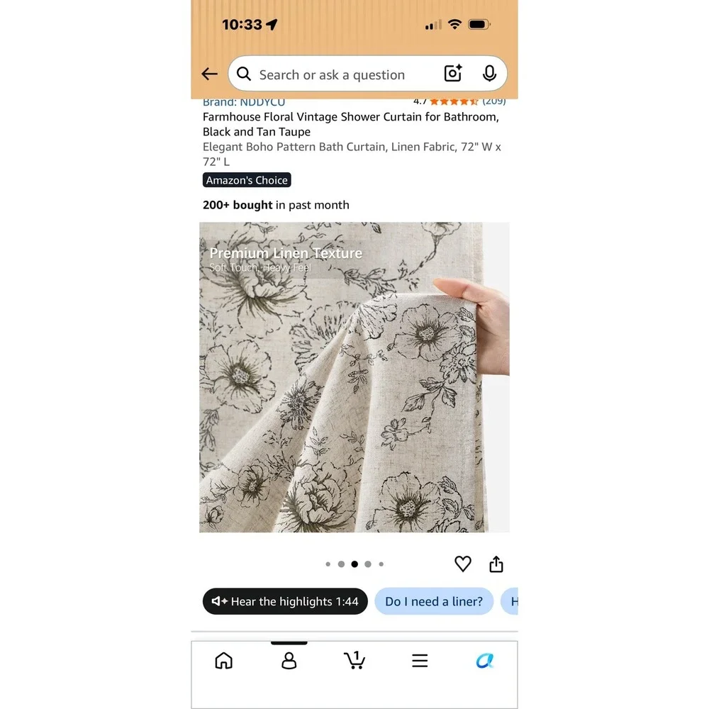 Vintage-Inspired Floral Shower Curtain, Black Tan Taupe 72x72 for Farmhouse Feel